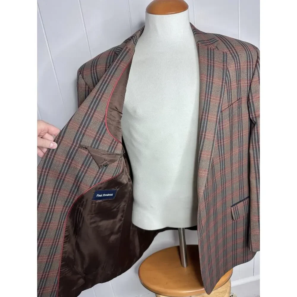 Paul Fredrick Multicolor Plaid Sport Coat Blazer - 48R - Olive Brown Elbow Patch